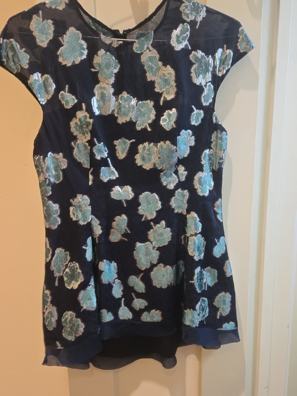 Lela Rose Navy Tunic with Aqua/silver Floral Print